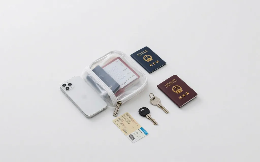 打开的透明小包内整齐摆放票证、证件、手机与钥匙，极简风格